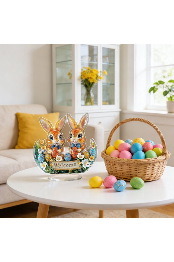 Easter Bunny and Egg Decorations, 2D Flat Easter Decoration Bunny Acrylic, Easter’s Bunnies Desk Ornament, Cute Easter‘s Rabbit Desktop Decorations, Adorable Statue Figurines Gift for Her