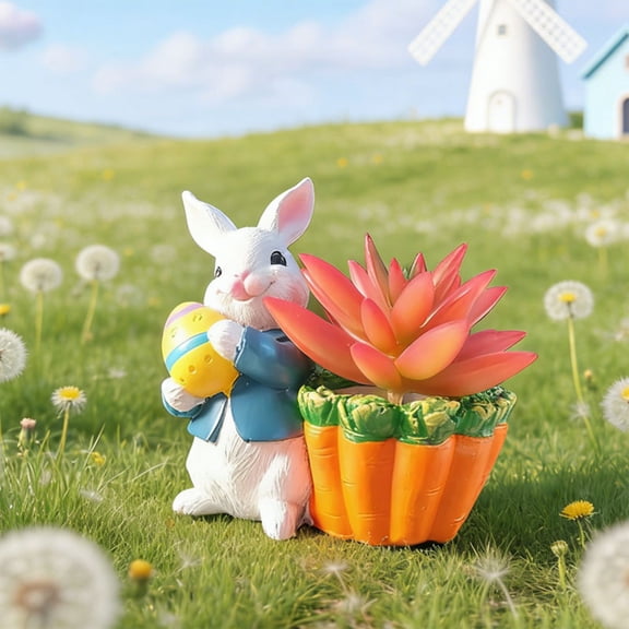 KUNPENG Easter Bunny Planter Statue, Cute Rabbit Flower Pot Figurine for Succulents & Herbs, Whimsical Resin Animal Sculpture for Garden, Patio, Shelf & Desktop Decoration(White)