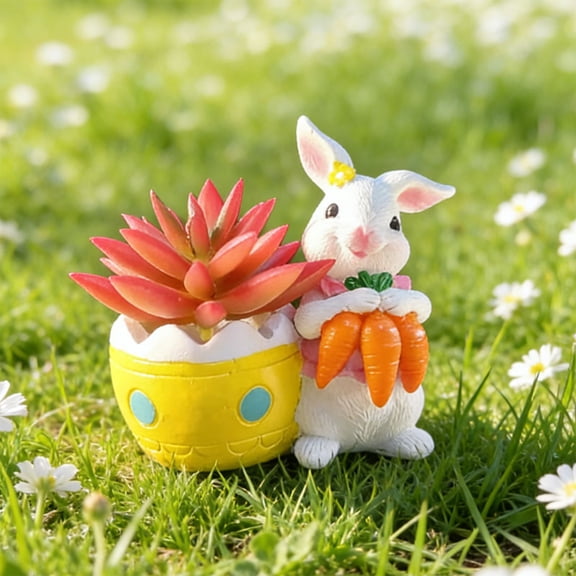 KUNPENG Easter Bunny Planter Statue, Cute Rabbit Flower Pot Figurine for Succulents & Herbs, Whimsical Resin Animal Sculpture for Garden, Patio, Shelf & Desktop Decoration(White)