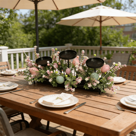 KUNPENG Easter Floral 3-Candle Holder Centerpiece, Black Metal Trays with Artificial Greenery & Glitter Eggs, Spring Table Decor for Dining, Mantel, Farmhouse Home & Easter Party
