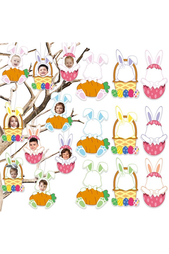 Easter Photo Banner Garland, 18Pcs Personalized Bunny Picture Frame Hanging Decor, DIY Paper Rabbit Bunting with Cotton Rope and Glue Points for Spring Party Home Wall Ornament