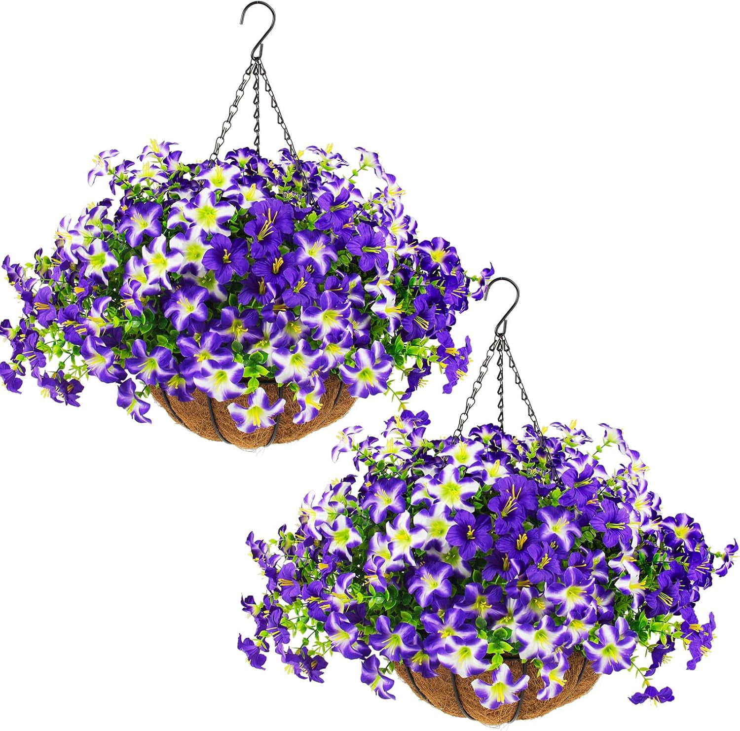 KUNPENG Fake Flowers Outdoor, Hanging Baskets, Artificial Flowers with Hanging Basket, Mother's Day Flowers, Porch Decor, Hanging Planter, UV Resistant, Faux Petunias, 2PCS