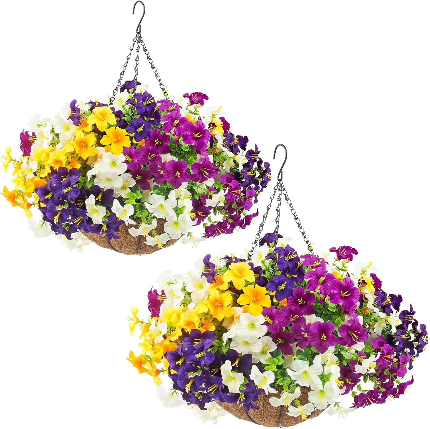 KUNPENG Fake Flowers Outdoor, Hanging Baskets, Artificial Flowers with Hanging Basket, Mother's Day Flowers, Porch Decor, Hanging Planter, UV Resistant, Faux Petunias, 2PCS