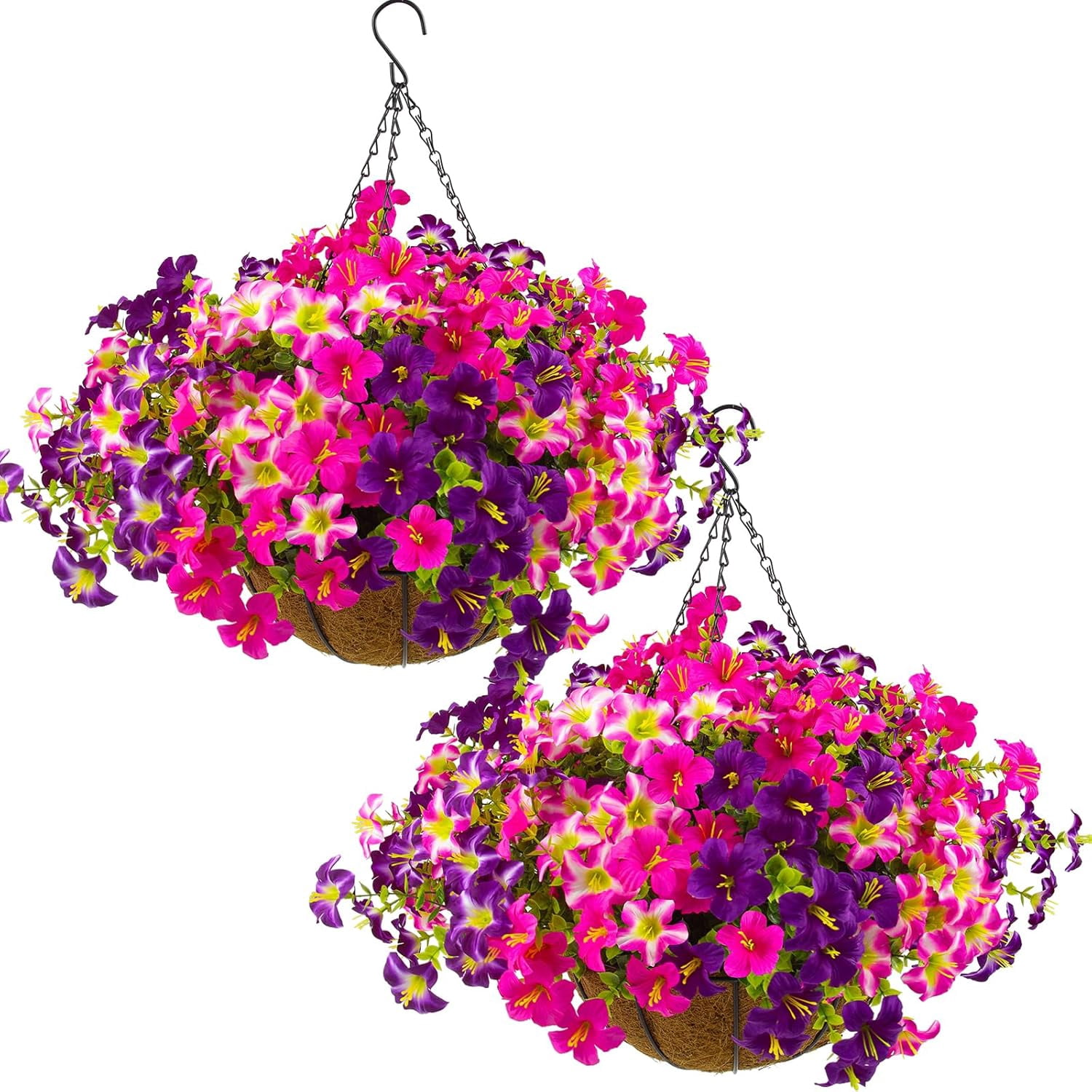 KUNPENG Fake Flowers Outdoor, Hanging Baskets, Artificial Flowers with Hanging Basket, Mother's Day Flowers, Porch Decor, Hanging Planter, UV Resistant, Faux Petunias, 2PCS