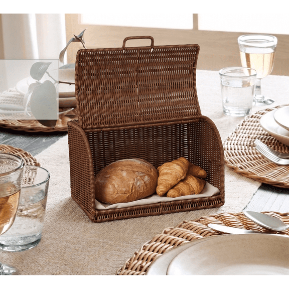 KUNPENG Faux Rattan Storage Basket Kitchen Countertop Organizer Wicker Bread Box With Lid Rustic Woven Pantry Bin Boho Decorative Display Keeper Handwoven Style Bakery Food Container 16x10x10 Inch