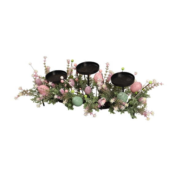 KUNPENG Festive Easter 3-Candle Holder, Artificial Greenery & Pastel Glitter Eggs, 19inch Black Metal Stand for Mantel, Shelf & Spring Wedding