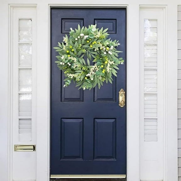KUNPENG Green Eucalyptus Wreaths for Front Door, Spring Wreaths Summer Olive Wreaths, Artificial Leaves Mixed Berry Wreaths for All Season Home Farmhouse Porch Year Round Outdoor Wall Easter Decor
