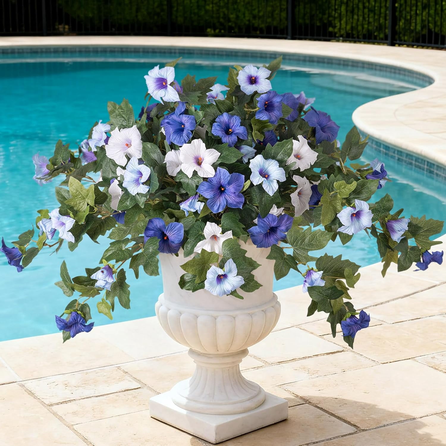 KUNPENG Hanging Basket Window Box Flowers, Mother's Day Garden Decor, Artificial Fake Flowers for Outdoor Decoration, UV Resistant Faux Petunias, Purple White Silk Plants for Porch 2pcs