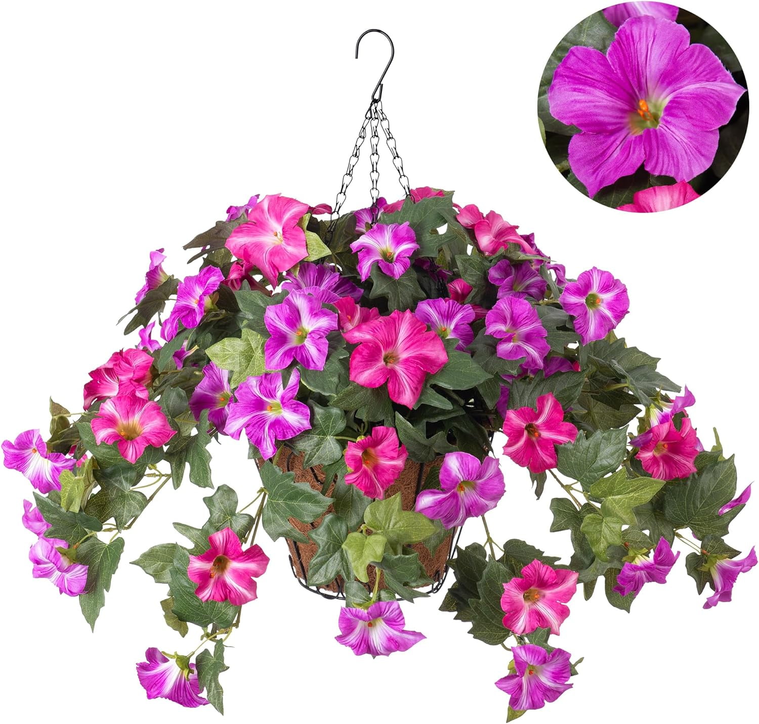 KUNPENG Hanging Basket Window Box Flowers, Mother's Day Garden Decor, Artificial Fake Flowers for Outdoor Decoration, UV Resistant Faux Petunias, Purple White Silk Plants for Porch 3pcs