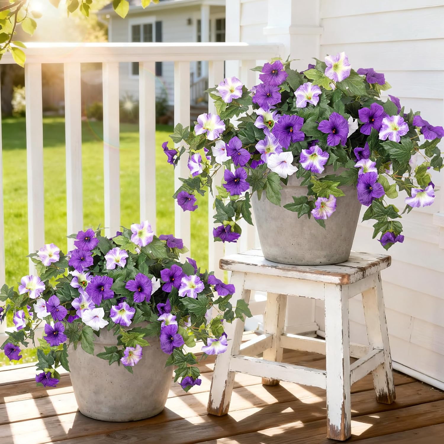 KUNPENG Hanging Basket Window Box Flowers, Mother's Day Garden Decor, Artificial Fake Flowers for Outdoor Decoration, UV Resistant Faux Petunias, Purple White Silk Plants for Porch 4pcs