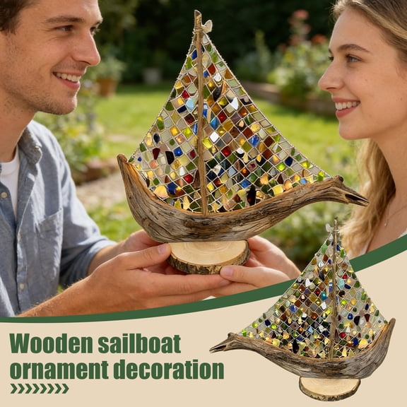 KUNPENG Home Decor, Sea Glass Art, Nautical Decor, Tabletop Decor, Beach Decor for Home, Ocean Decor 11.8" Sea Glass Boat Decor with Wooden Base Sparkling Desktop Ornament