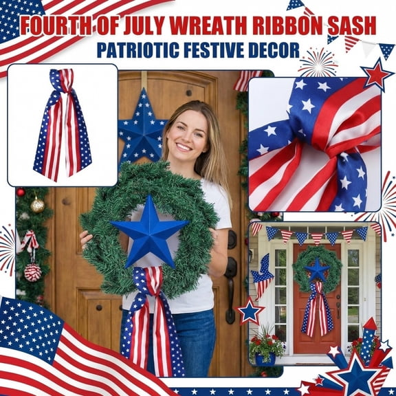 KUNPENG July 4th Patriotic Bow for Wreaths Independence Day Ribbon Streamer Red White and Blue Patriotic Decor for Front Door Stairs Mailbox 11.5"x60"