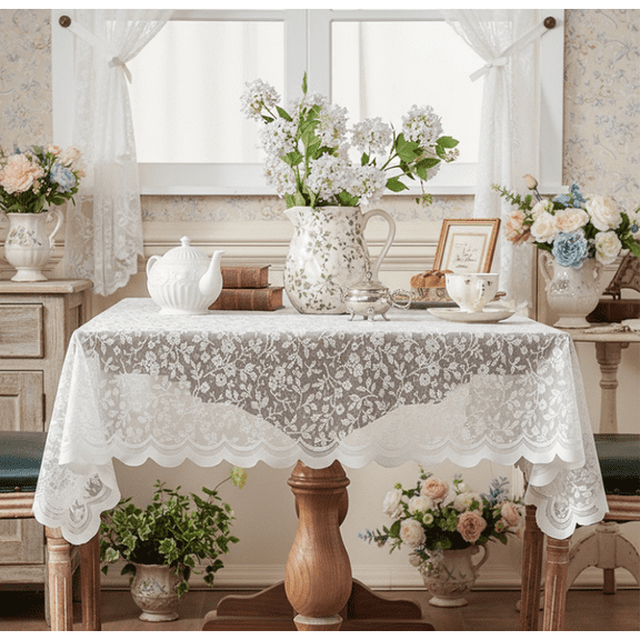 KUNPENG Lace Tablecloth Rectangular Vintage Crochet Table Cover Elegant Floral Dining Lace Table Cloth Boho Rustic Wedding Staging Decor Round Lace Tablecloth Shabby Chic Overlay 55.1 x 70.9 Inch