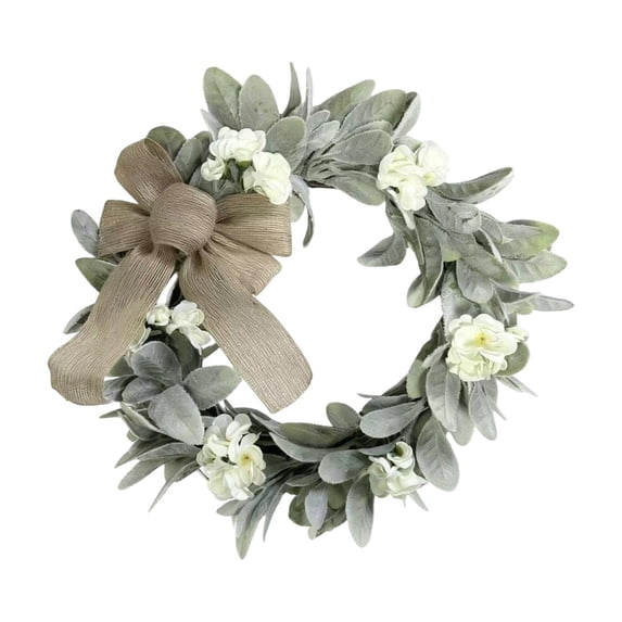 KUNPENG Lambs Ear Garlands with Flower Home Decorations, 16 Inch Spring Summer Decorative Artificial Lambs Ear Wreaths for Front Door, Easy Clean Greenery Wreath for Weddings, Easter Decorations
