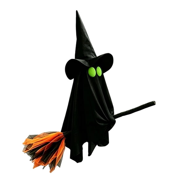 KUNPENG Light Up Hanging Ghost with Witch Broom, Battery Operated Pre-Lit Flying Phantom Decor, Spooky Porch Tree Window Wall Hanging Ornament for Halloween Outdoor Indoor Home Party