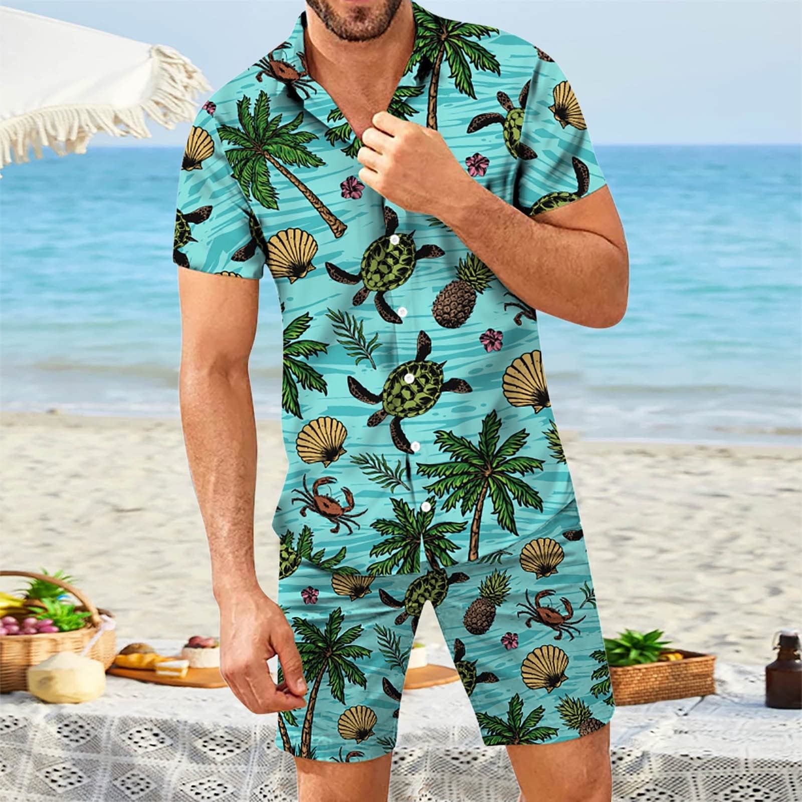 KUNPENG Men Set Men 2 Piece Set Outfit Beach Button Down Shirt and Pant Set Hawaii Seaside Holiday Beach Digital 3D Outfits womens tops Green XXL Walmart