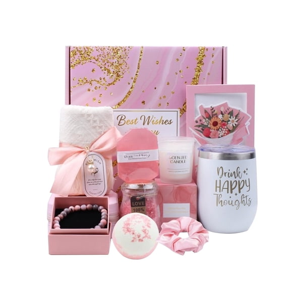 KUNPENG Mother Day Gifts, Birthday Gifts for Women, Pink Self Care Gifts for Women Spa Gift Basket with Insulated Wine Tumbler, Relaxation Stress Relief Gift Set for Mom Wife Her, Pink