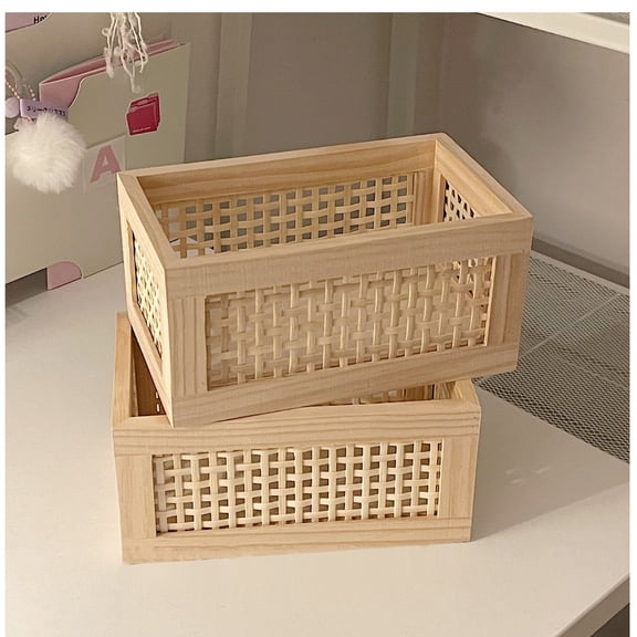 KUNPENG Mother's Day Gift Wicker Storage Basket with Solid Wood Frame Luxury Makeup Organizer Retro Rectangular Woven Basket Desktop Sundries Storage Box for Bedroom Bathroom Vanity 8.2"x5.1"x3.1"