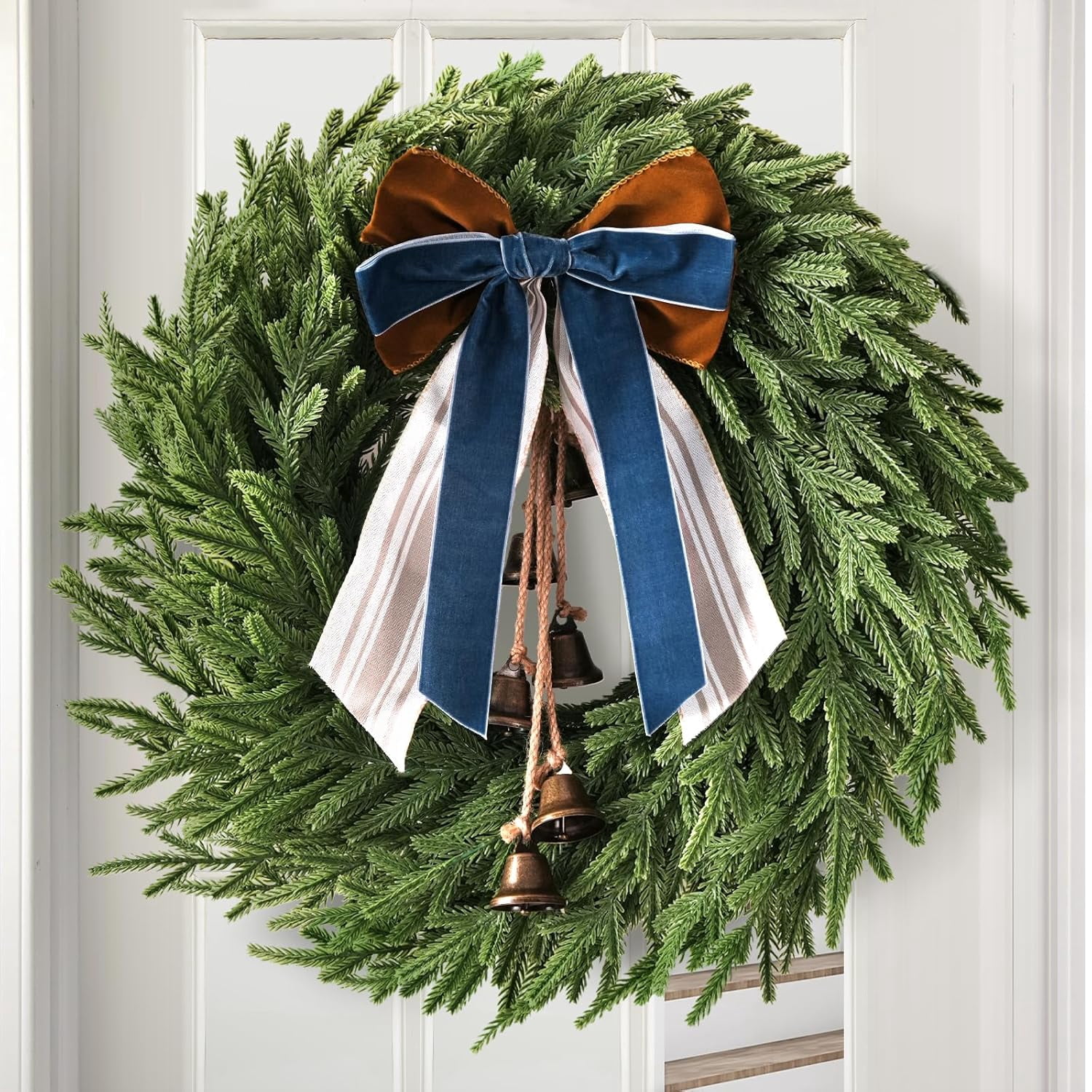 KUNPENG Norfolk Pine Christmas Wreath with Bells and Ribbon Christmas ...