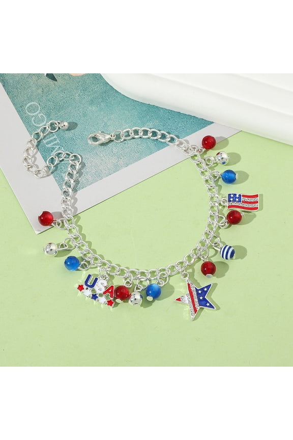 Patriotic American Flag Charm Bracelet, Red White and Blue Beaded Bangle for Women, 4th of July Independence Day Memorial Day Jewelry Gift, America 250th Anniversary Accessories
