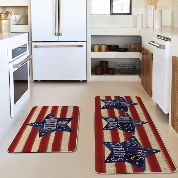 KUNPENG Patriotic Doormat Set of 2, 4th of July Welcome Mat & Kitchen Rug, Red White and Blue American Flag Entryway Carpets, Non-Slip Washable Independence Day America 250th Decor