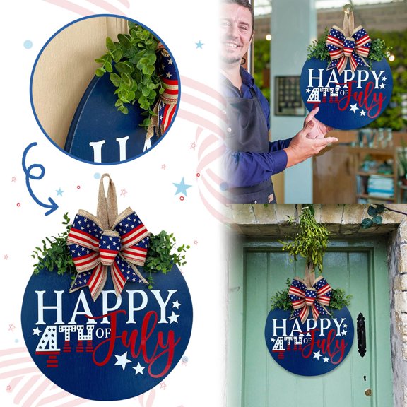 KUNPENG Patriotic Welcome Sign for Front Door, 12" Round Wood Hanging Decor, American Flag 4th of July Independence Day Wreath, Rustic Farmhouse Porch Decor for Memorial Day Veterans Day
