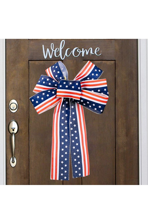 Patriotic Wreath Bow, 4th of July Large Decorative Bow with Wired Edge, Red White Blue Stars Stripes Bow for Independence Day Memorial Day Front Door Mailbox Home Wall Decor