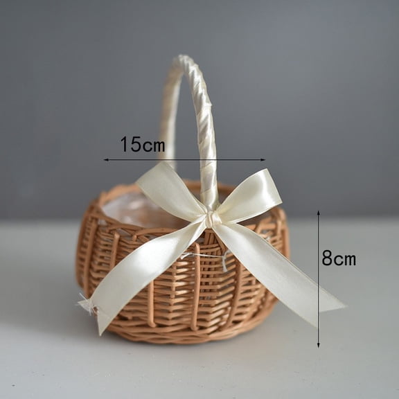 KUNPENG Rattan Flower Basket with Pearl & Fish Tail Gauze, Woven Easter Basket for Kids, Decorative Wicker Wedding Gift Basket with Ribbon for Fruits, Snacks & Photography Props, 10"x7"x10"
