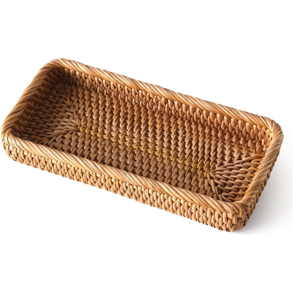 KUNPENG Rectangular Woven Storage Basket, Handmade Wicker Basket for Shelf & Desk, Decorative Woven Baskets for Organizing Jewelry, Cosmetics, Snacks and Small Sundries, Natural Brown