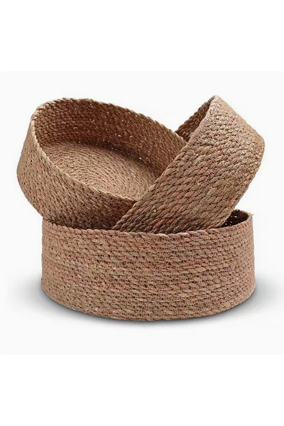 Round Seagrass Woven Storage Basket with Lid, Decorative Wicker Basket for Makeup and Cosmetics, Handmade Woven Baskets for Organizing Desk, Jewelry & Snacks, 3-Piece Set