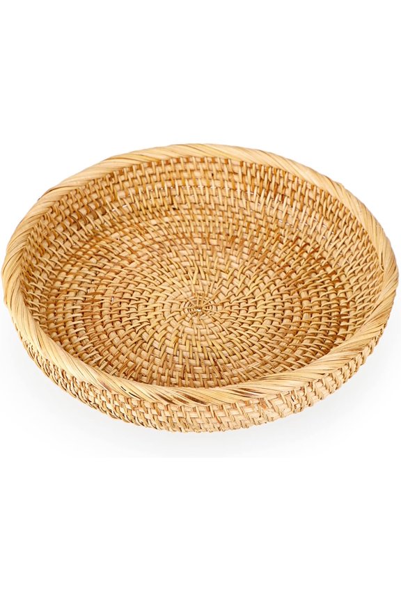 Round Wicker Basket Fruit Bowl, Handmade Woven Storage Basket Tray for Kitchen Counters, Decorative Woven Baskets for Organizing Bread, Snacks and Vegetables, Natural Rattan Style