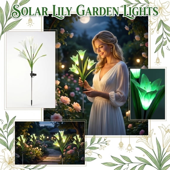 KUNPENG Solar Lily Garden Lights Outdoor, 4-Flower LED Waterproof Solar Stake Lights for Pathway, Patio, Backyard Decoration, Romantic Floral Landscape Lighting, 1 Pack