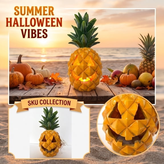 KUNPENG Summerween Pineapple Jack O Lantern Lights, Summer Halloween Tropical Pumpkin LED Night Light Ornament, Glow in the Dark Aloha Luau Beach Party Tabletop Centerpiece Patio Decor, 1-Pc