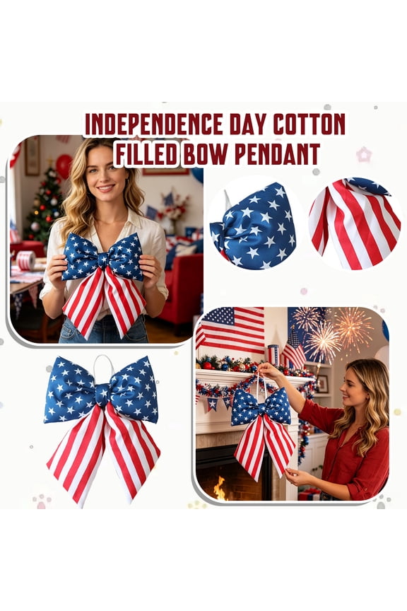 USA 250th Anniversary Patriotic Cotton Filled Bow Pendant 4th of July Large Red White Blue Bow Wreath Ornament for Independence Day Fireplace Tree Top Porch Hanging Decor