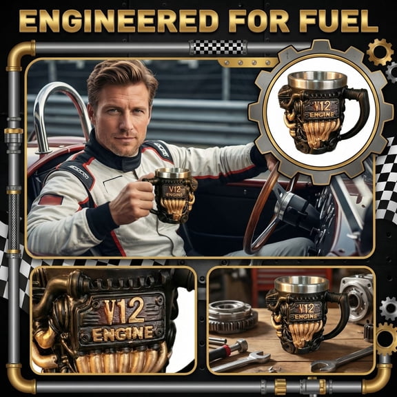 KUNPENG V12 Engine Coffee Mug, Automotive Gearhead Racing Cup, Mechanic Tool Inspired Piston Mug for Men, Unique Car Enthusiast Gift, 4x4.3"