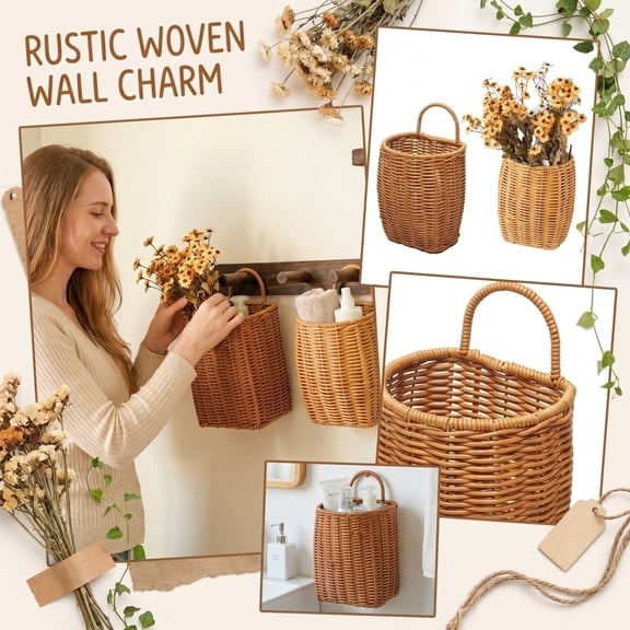 KUNPENG Wall Hanging Woven Basket, Faux Rattan Hanging Flower Pot for Living Room Bedroom Decor, Boho Wicker Storage Basket for Mail Keys Plants, 1 Pack