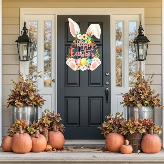 KUNPENG Wooden Easter Decorations Door Wreath for Front Door Sign Wall Signs Rabbit Spring Decorations, Hollow Bunny Sign Flower Egg Welcome Hanging for the Home Wall Decor Party