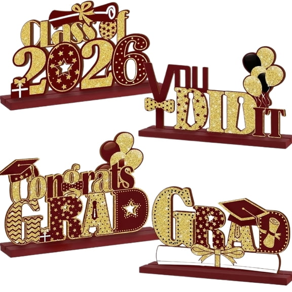 KUNPNEG Table Centerpiece Decorations Graduation 2026, 4 Pcs Wooden Class of 2026 Signs for Table Decor, Rustic Red and Black Congrats Grad Party Supplies for Home School Office