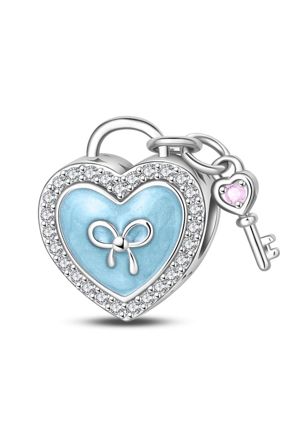 925 Sterling Silver Blue Romantic Heart Lock Bead Charm For Bracelets DIY