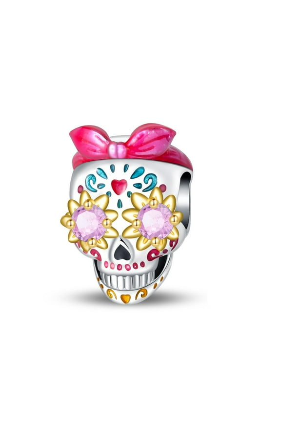 925 Sterling Silver Charm Luminous Pink Skull Beads Charm For Bracelet or Necklace DIY Halloween Jewelry Gifts