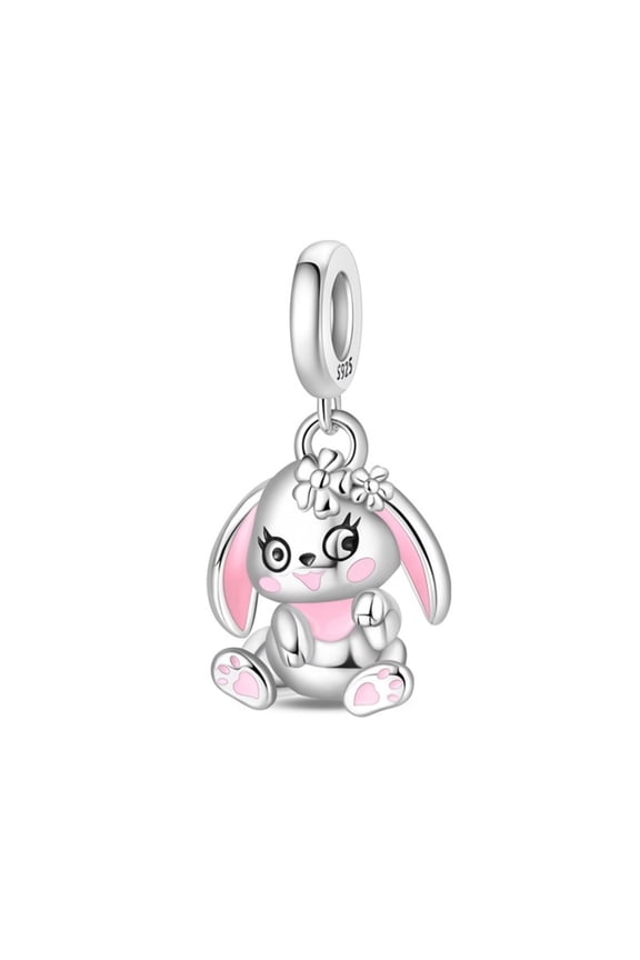 925 Sterling Silver Charm Pink Garden Rabbit Dangle For European Bracelet