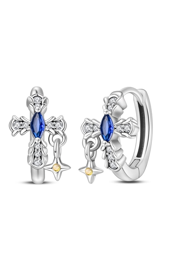 925 Sterling Silver Cross Hoop Earrings &Star Charm Women Men Earrings