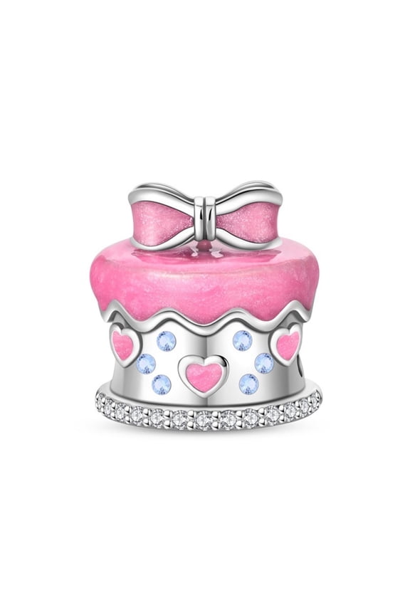 925 Sterling Silver Pink Bow Cake Bead Charm For Women Bracelet DIY Charm