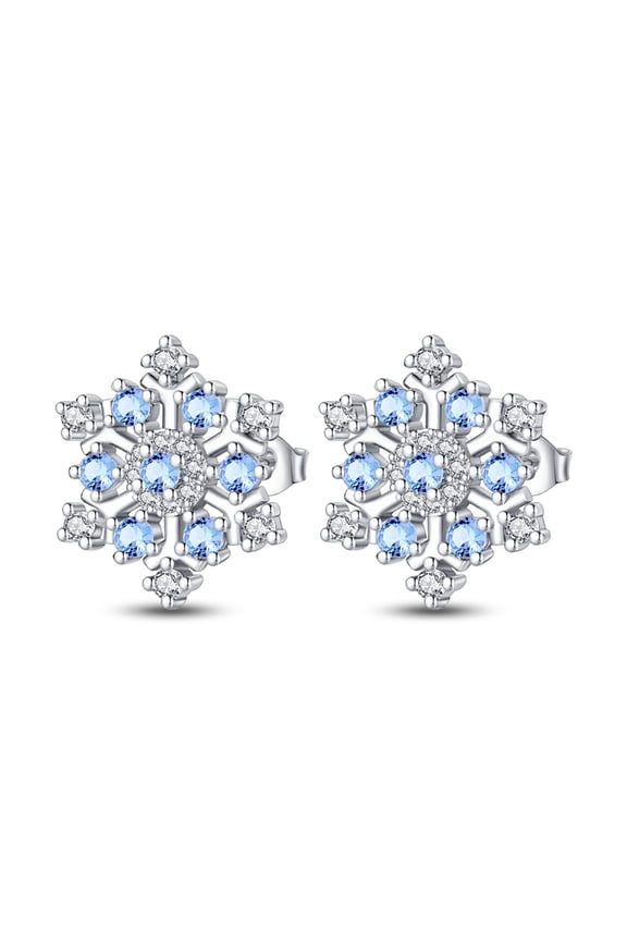 Blue Snowflake Earrings - Winter Holiday Silver Studs for Christmas & New Year