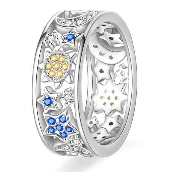 KUNSIR Chunky Crescent Moon Star Ring 925 Silver Openwork Wide Band Jewelry Gift Size 7