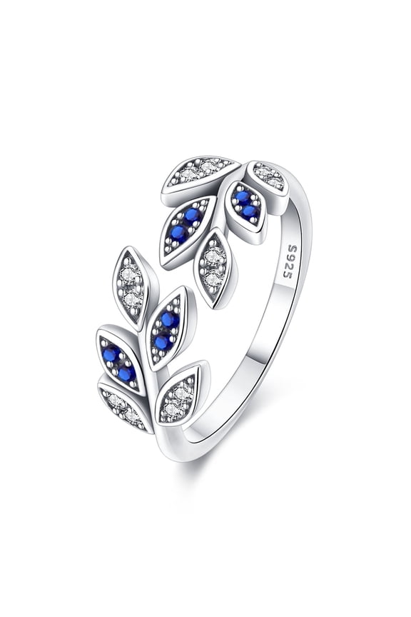 New 925 Sterling Silver Crystal Leaf Ring Open Blue Zircon Ring For Women Size 9