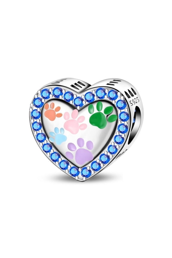 Paw Prints Heart Charm AAA CZ 925 Silver For Bracelet Pet Charm Dog Heart
