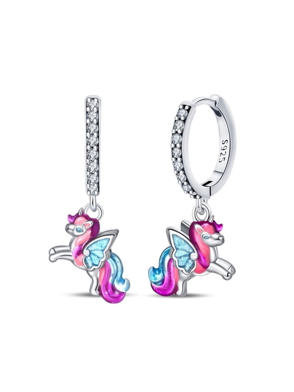 Silver Rainbow Small Unicorn Dangle Hoop Earrings Women Gift