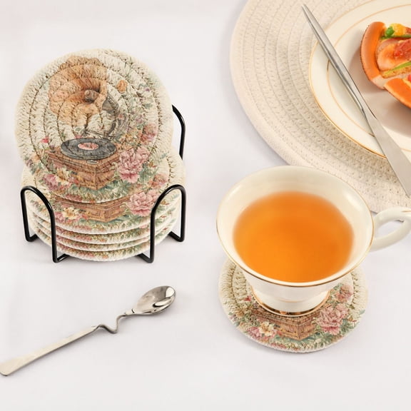 YAZAOO 6Pcs Drink Coasters With Holder 3.94Inch Gramophone with Floral Decoration Creative Coil Coaster Coasters Colors Absorbent Coasters for Drinks Coasters Set Thicken Heat for Home Table