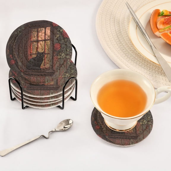 KUNWANG 6Pcs Drink Coasters With Holder 3.94Inch Lonely Black Cat Pattern Creative Coil Coaster Coasters Colors Absorbent Coasters for Drinks Coasters Set Thicken Heat for Home Table